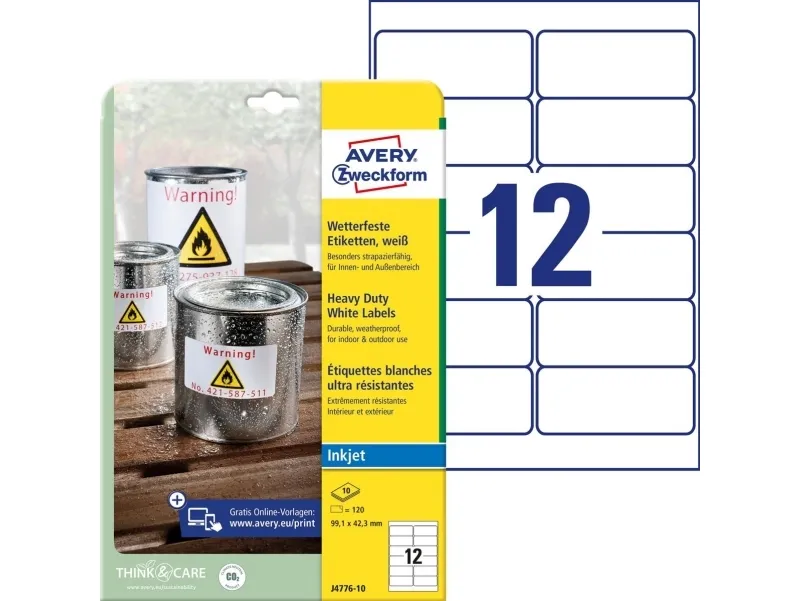 Etiketter Avery 99,1x42,3 mm, hvid, holdbare, til inkjet - (10 ark x 12 stk.)
