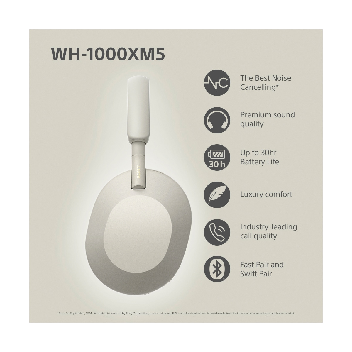 Sony WH-1000XM5 trådløse around-ear hodetelefoner (hvit)