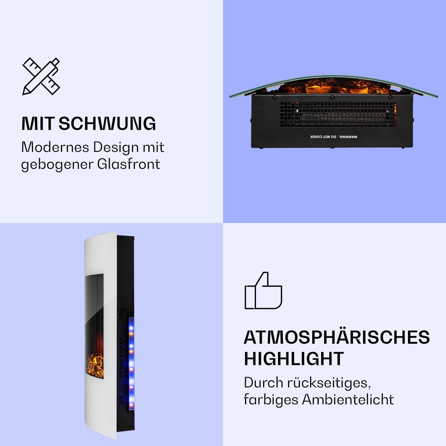 Klarstein Elektrokamin, Elektro Heizungen für Wohnzimmer & Innenräume, Elektrischer Kamin mit LED Flammen, Kamin zur Wandmontage, Heizlüfter mit Timer, Einstellbarer Thermostat, Heizung 2000 W