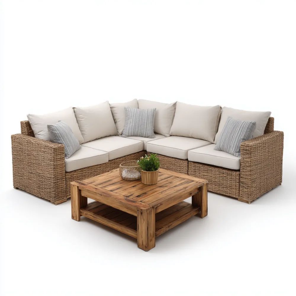 Rattan Gartensofa-Set 230x80x70 cm Beige – Ecksofagarnitur mit Couchti