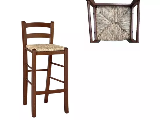 Lot de 2 tabourets de bar en bois avec assise en paille de noyer foncé, h 67 cm