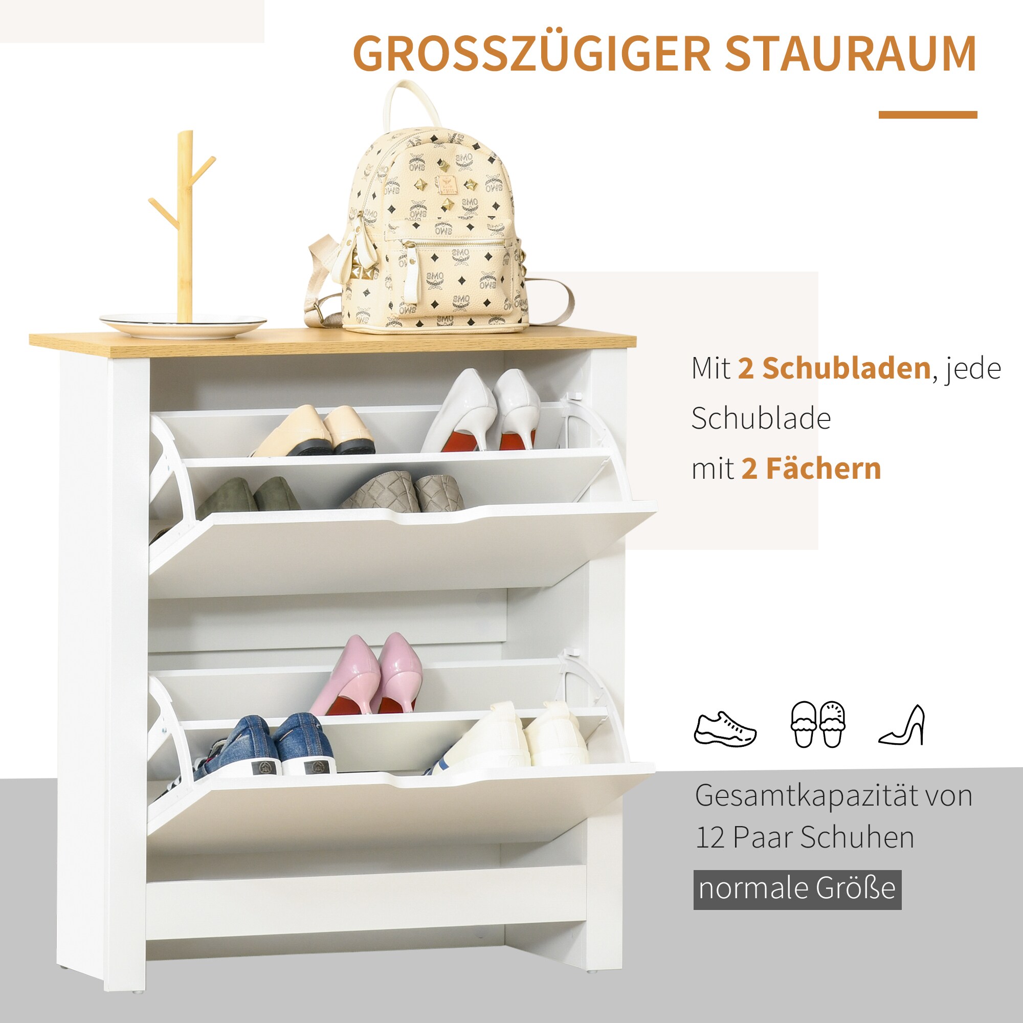 HOMCOM Schuhschrank mit Kippsicherung weiß, natur 72L x 26B x 80H cm