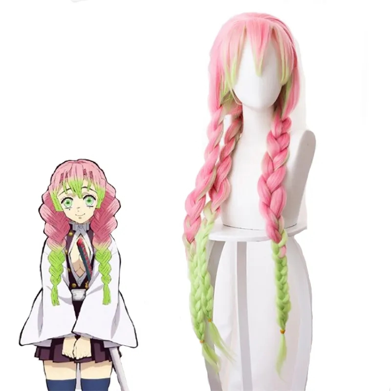 (87cm) Anime Cosplay Perücke mit Zöpfe Fasnacht Kostüm Zubehör Motto Party / Halloween Accessoire inkl. Haarnetz - Pink / Grün