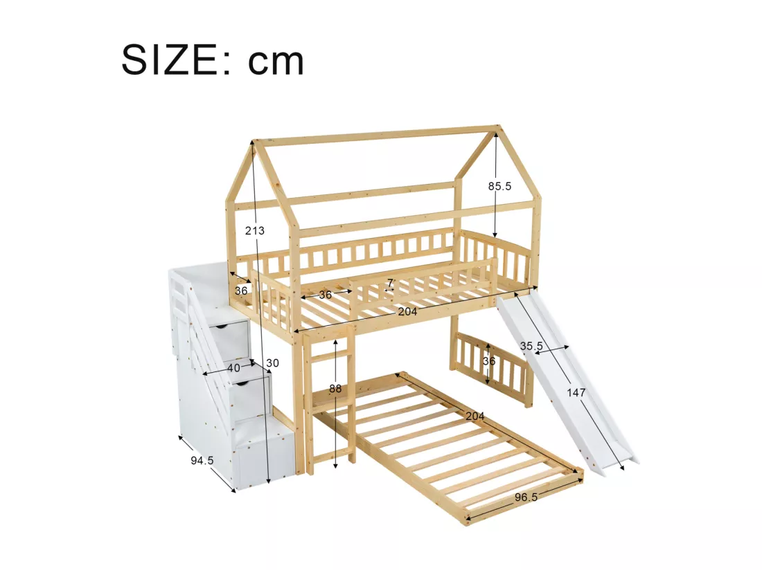 Lit superposé 2x90x200cm, lit cabane enfnat avec toboggan,avec 3 escaliers de rangement, cadre en bois, naturel+blanc