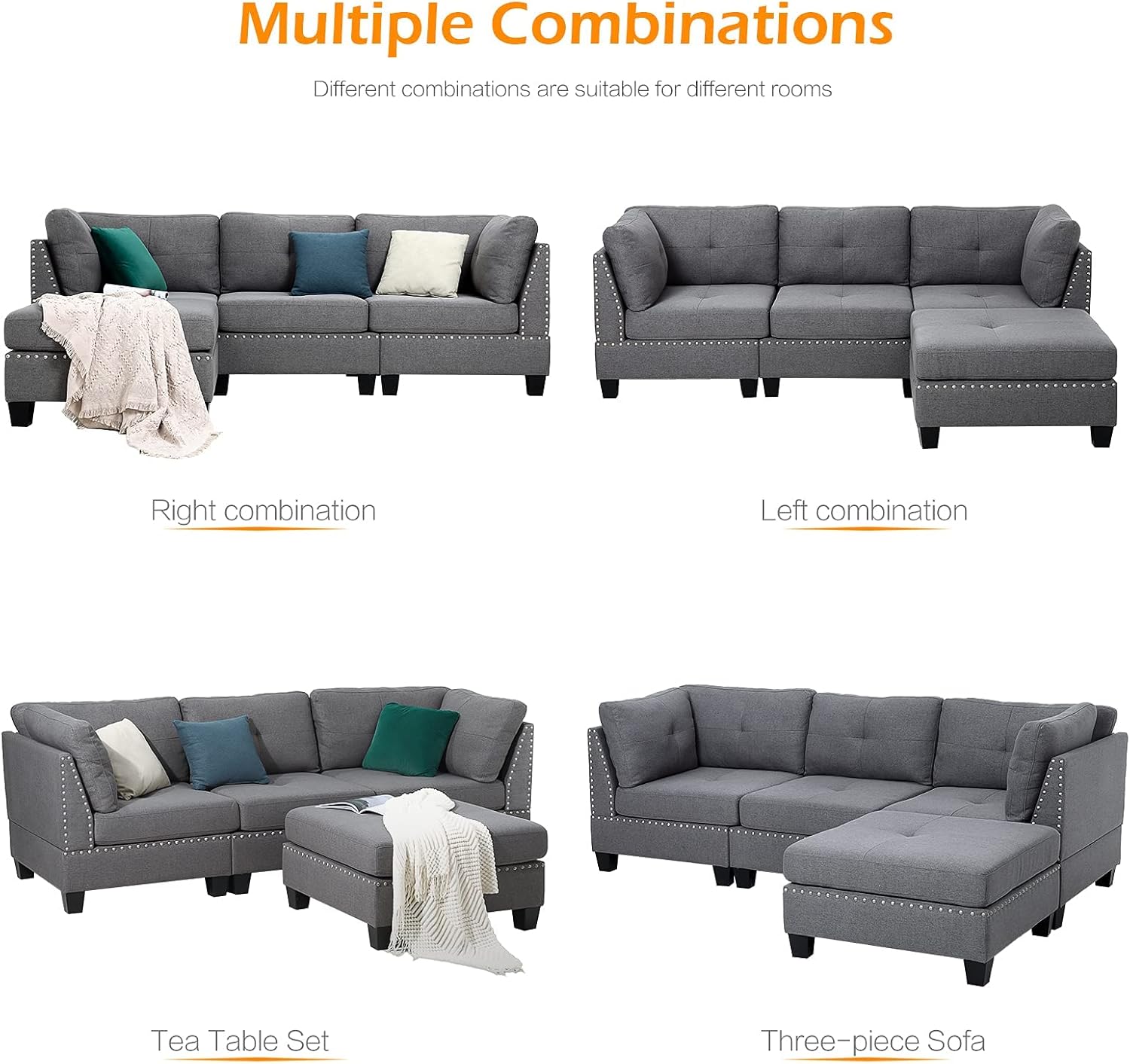 YODOLLA Ecksofa mit Schlaffunktion, L-Form Sofa Couch mit Bettkasten freistehend, 3-Sitzer Eckcouch, Schlafsofa für Wohnzimmer, Grau (Hocker Flexible beweglichkeit)
