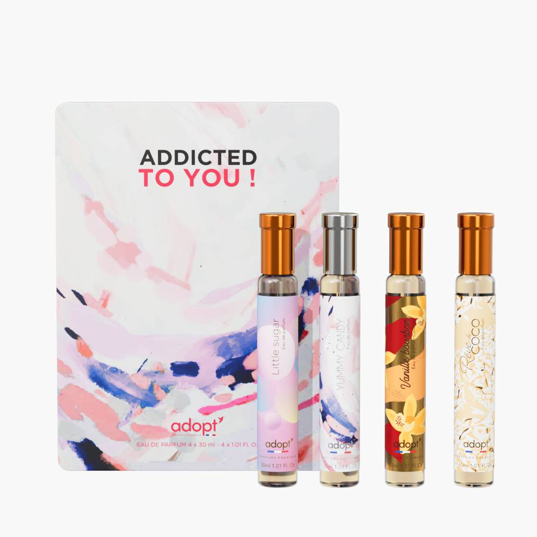 Addicted to you - Coffret métal 4 eaux de parfum Little sugar 30ml + Yummy candy 30ml + Vanille bourbon 30ml + Rêve de coco 30ml