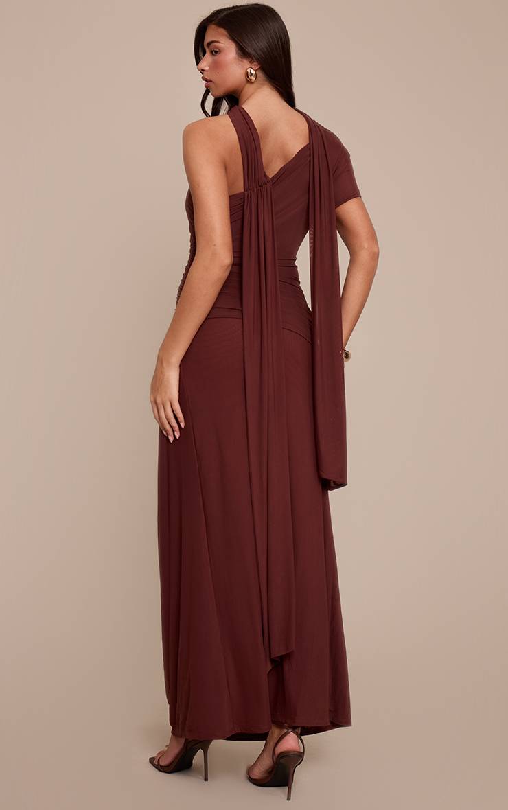 Chocolat Robe Longue Froncée À Détail Foulard En Mesh