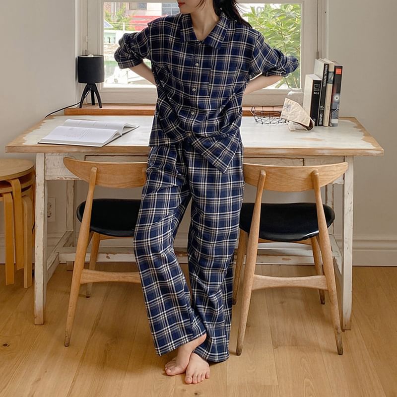 lolliert - Pyjamaset: geruite top met lange mouwen, kraag en knopen + broek