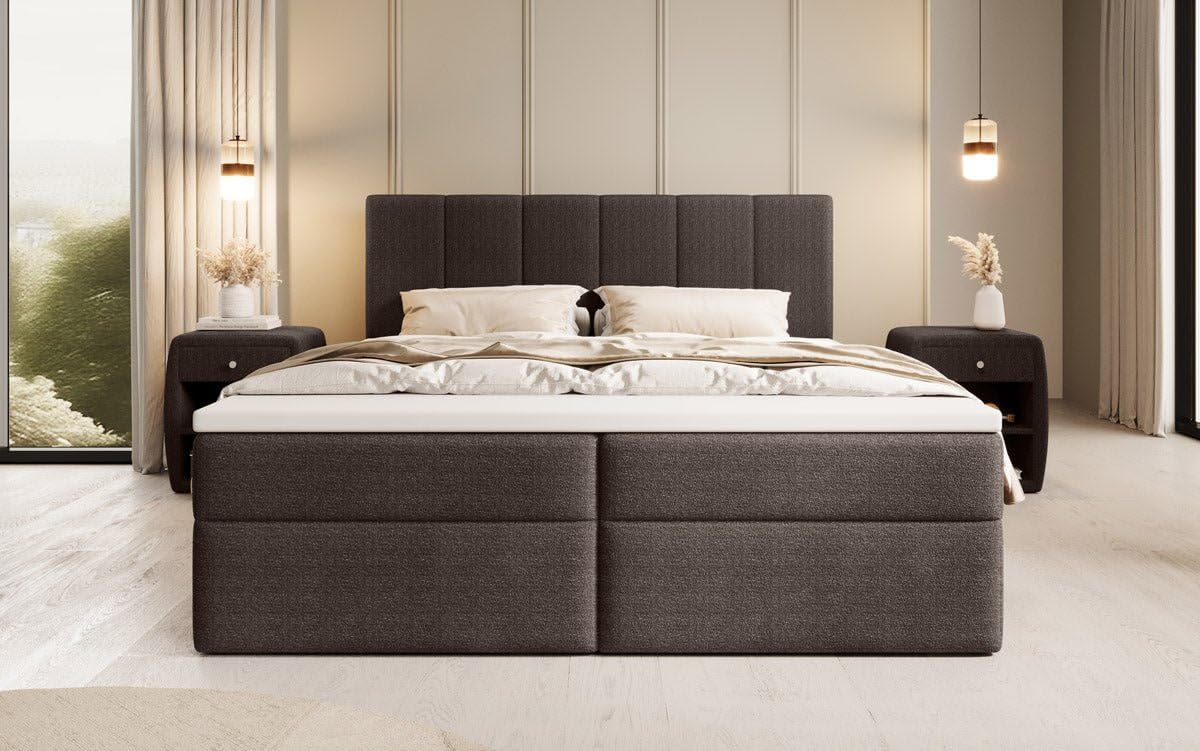 Luxusbetten24 Boxspringbett Aurelia Bouclé 180x200 mit Stauraum | Bezug: Bouclé | Farbe: Braun | Härtegrad: