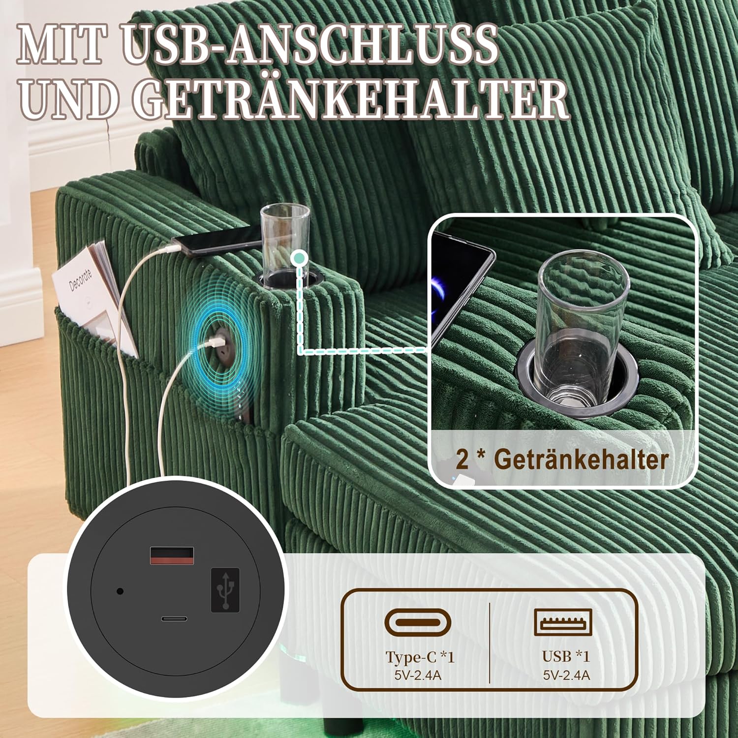 Chaiselongue Schlafsofa 2-Sitzer, Sofa mit LED & USB-C-Port & 2 Kissen & Getränkehaltern, Bettsofa, Für Wohnzimmer & Schlafzimmer, Emerald