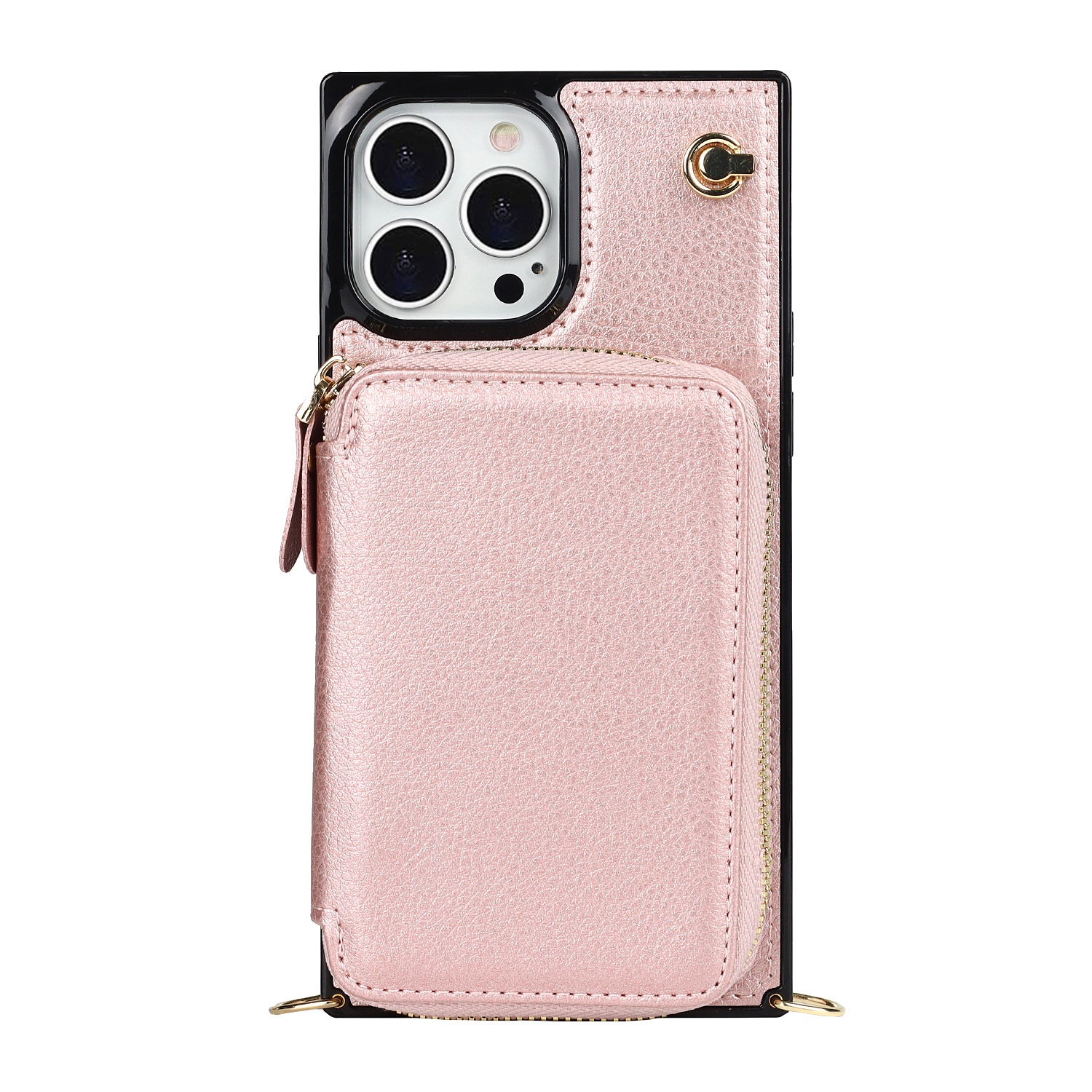 iPhone 13 Pro Necklace Leder Schutz Hülle mit Kartenfächer   Handykette (140cm) - Roségold