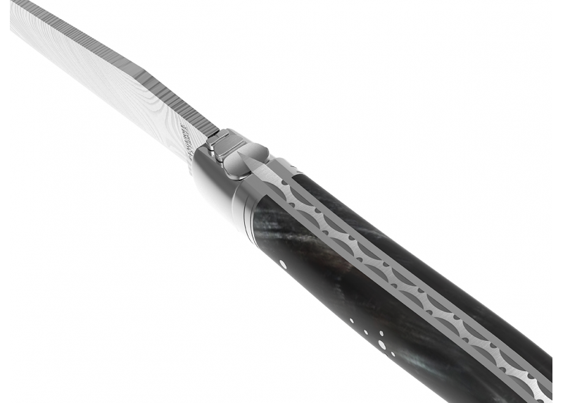 Couteau Laguiole collection damas avec un manche en corne brune et 2 mitres en acier inoxydable