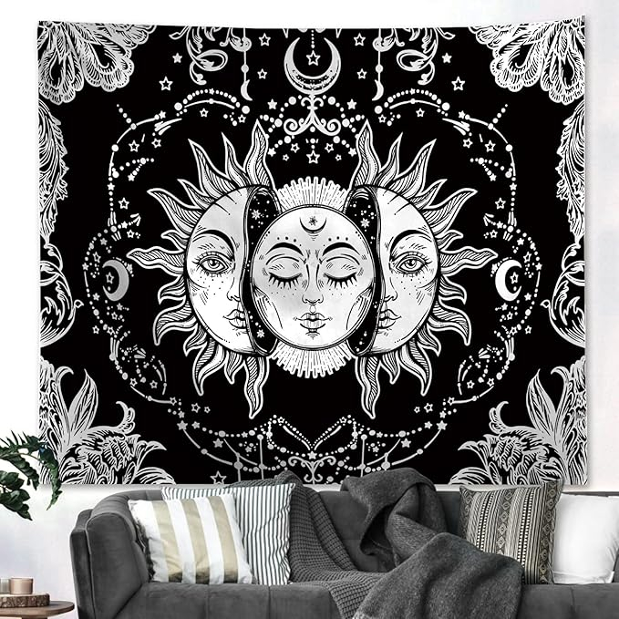 (150x130cm) Wandteppich Sonne Mond Mystisches Boho Mandala Tuch Home Deko für Wohnzimmer / Schlafzimmer - Schwarz / Weiss