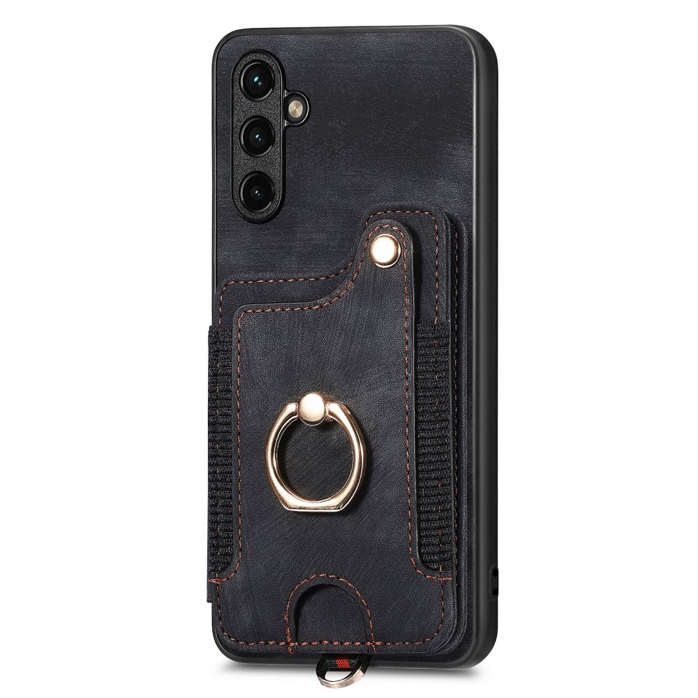 Samsung Galaxy A54 5G Necklace Leder Hülle mit Kartenfächer   Finger Griff Halterung   Handykette (RFID Schutz) - Schwarz