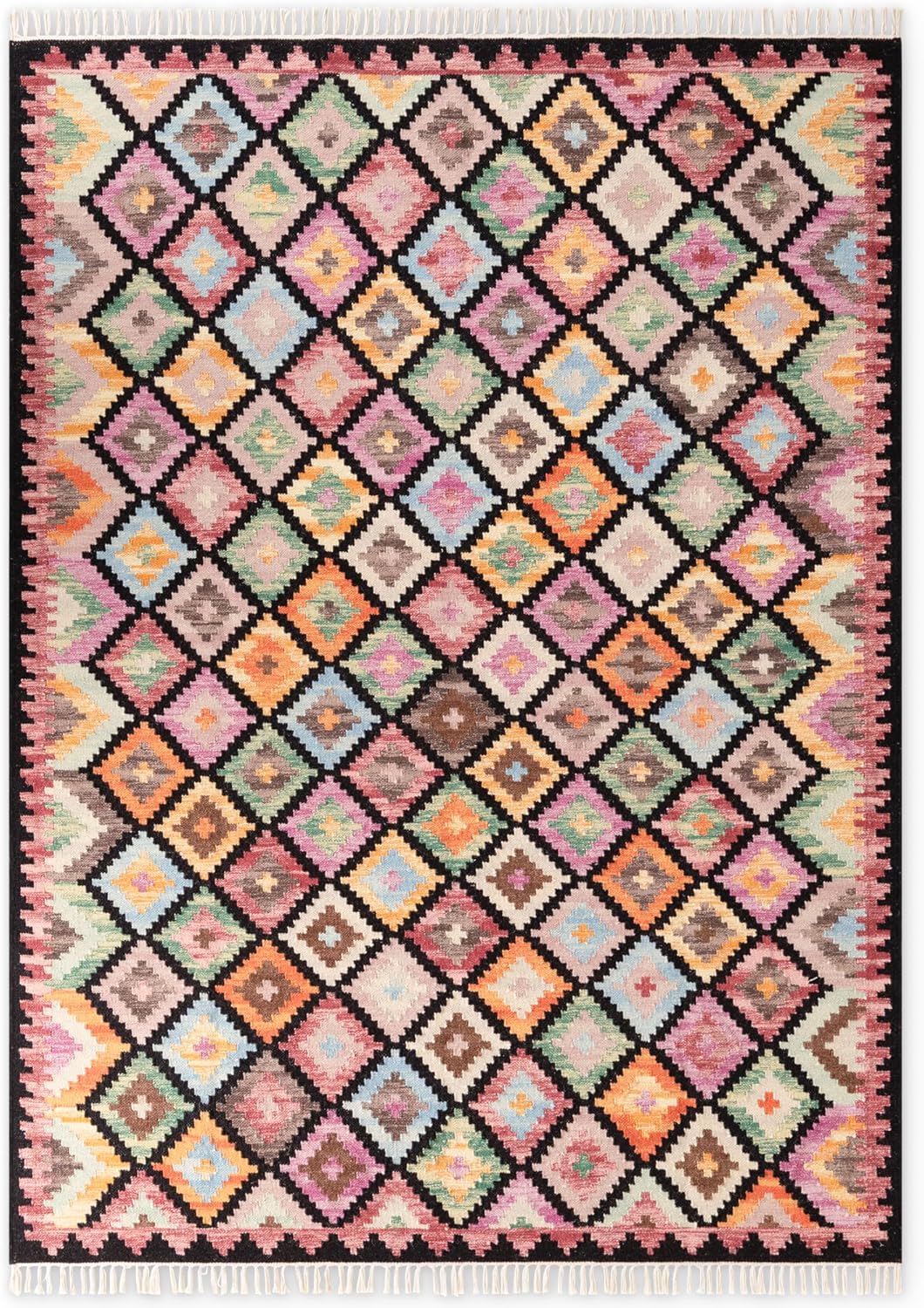 Hanse Home Afghan Kelim Teppich Zara - Bunter Traditioneller Teppich Handgewebt, Wolle & Baumwolle, Afghanischer Stil Oriental mit Fransen für Wohnzimmer, Schlafzimmer - Schwarz Multi, 200x290 cm