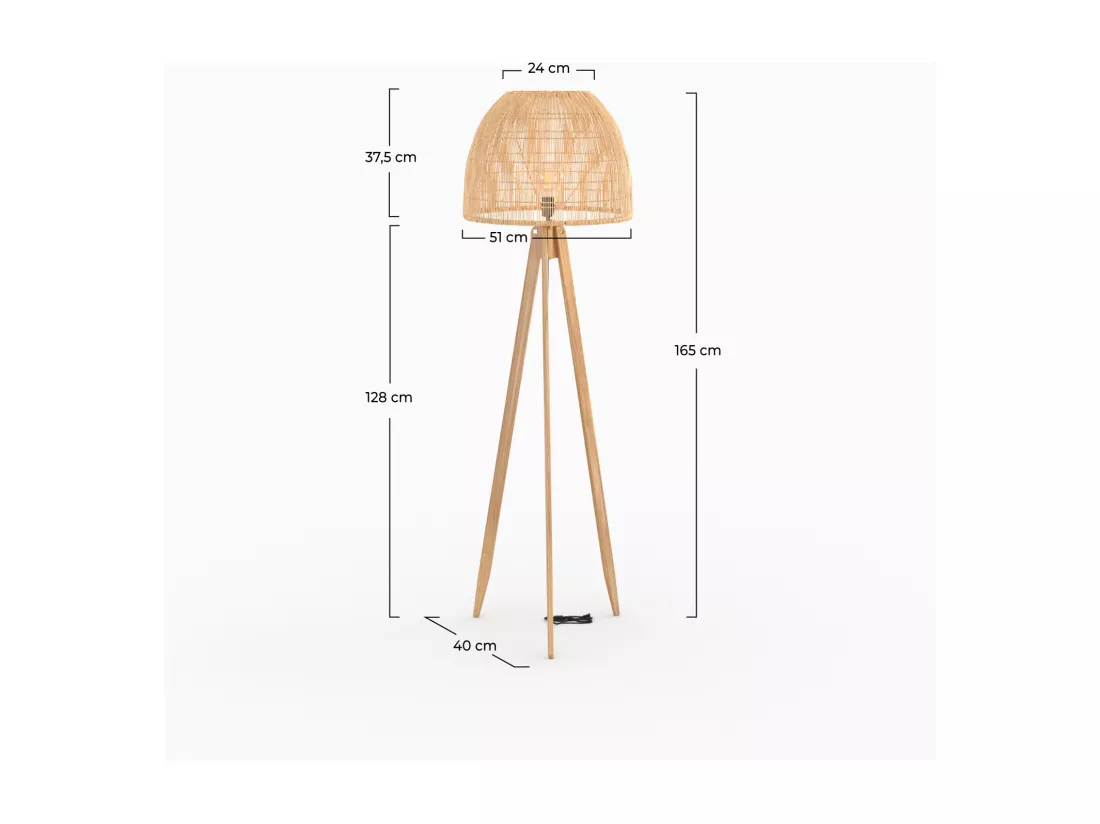 Lampadaire trépied en rotin et bois de teck massif - Corte