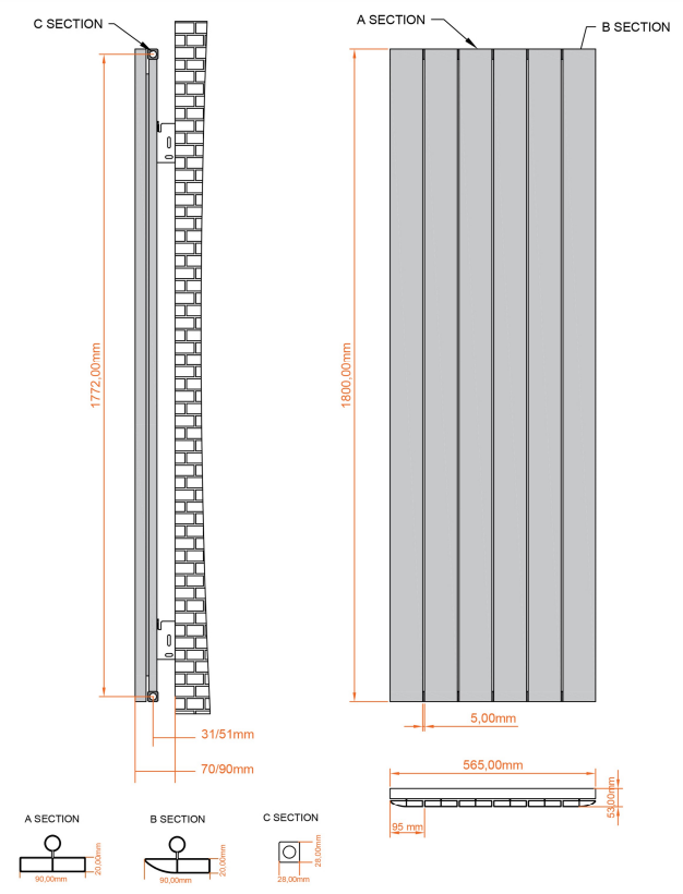 Eastbrook Withington radiator 55x180cm aluminium 1598W zwart mat