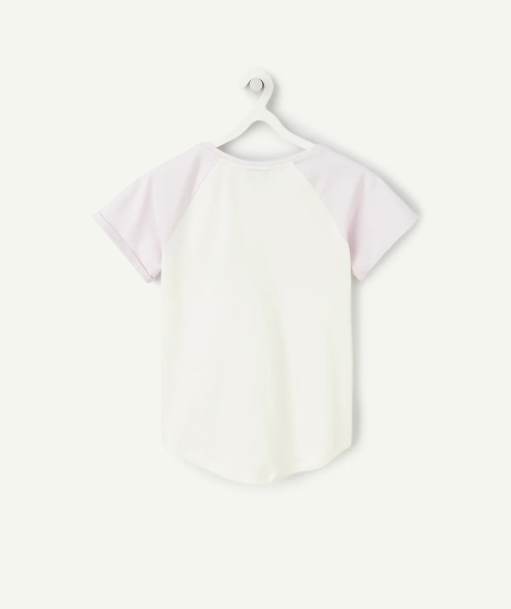 T-SHIRT FILLE EN COTON BIO MAUVE ET ÉCRU MESSAGE GENERATION LOVE