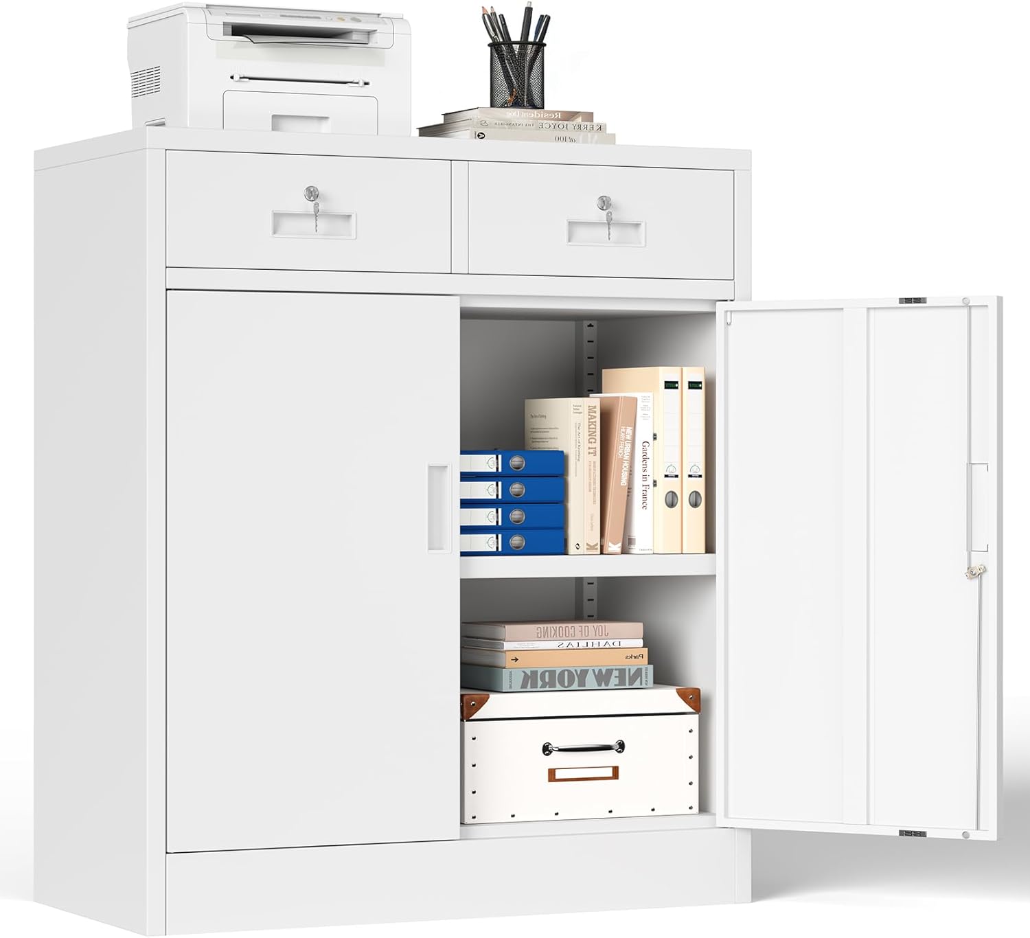 Aktenschrank, Mehrzweckschrank, Büroschrank mit 2 Türen, Schrank abschließbar, Aufbewahrungsschrank Stahl, 2 Schublade und 1 Verstellbarer Einlegeboden für Büro, Garage(Weiß, 90 * 80 * 40)