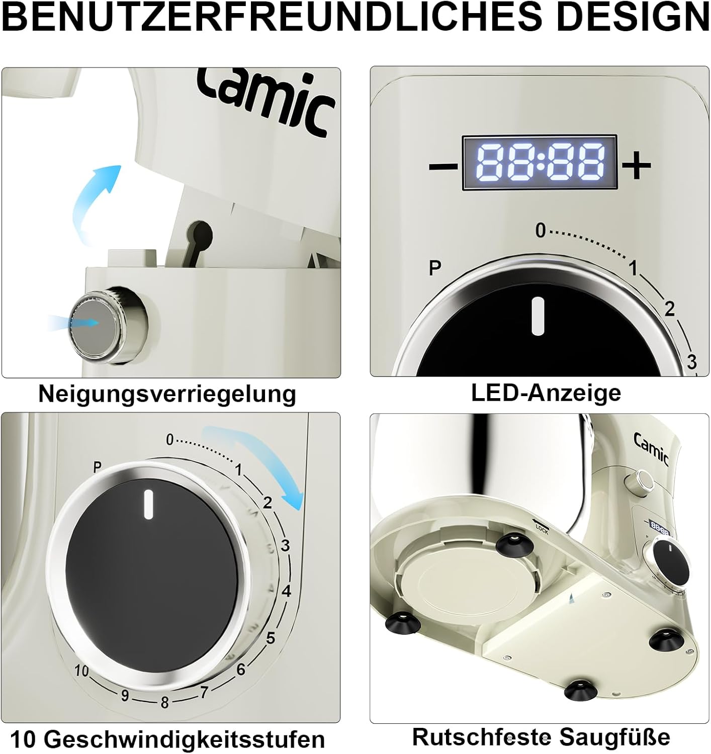 Camic Küchenmaschine mit 3 Zubehörteilen (Knet, Rühr, Schneebesen), Teigmaschine mit LED-Display, Zeit einstellen, 10 Geschwindigkeitsstufen, 2 Edelstahlschüsseln 4L+5L, für Teig, Brot, Pizza, Kuchen