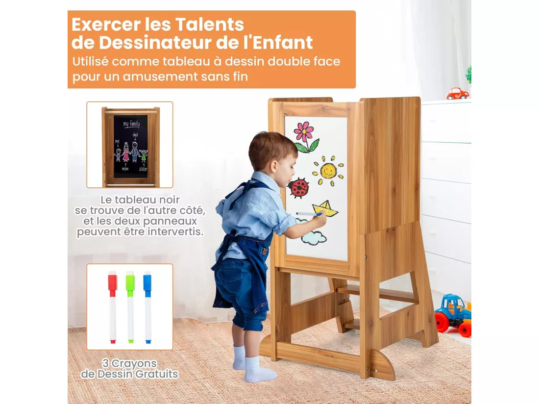 Tour d'apprentissage Enfant avec Hauteur Réglable & Tableau, Tour d'Observation Montessori en Bois avec Rail de Sécurité & Pieds Anti-Bascule, Charge 70kg pour Enfant de 1-7 Ans (Naturel)