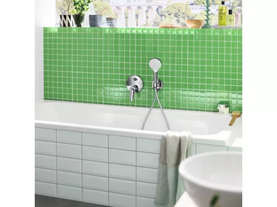 Pommeau de douche HANSGROHE Raindance Select S EcoSmart 120 3 jets blanc/chromé + flexible de douche 1,25 m HANSGROHE Isiflex chromé