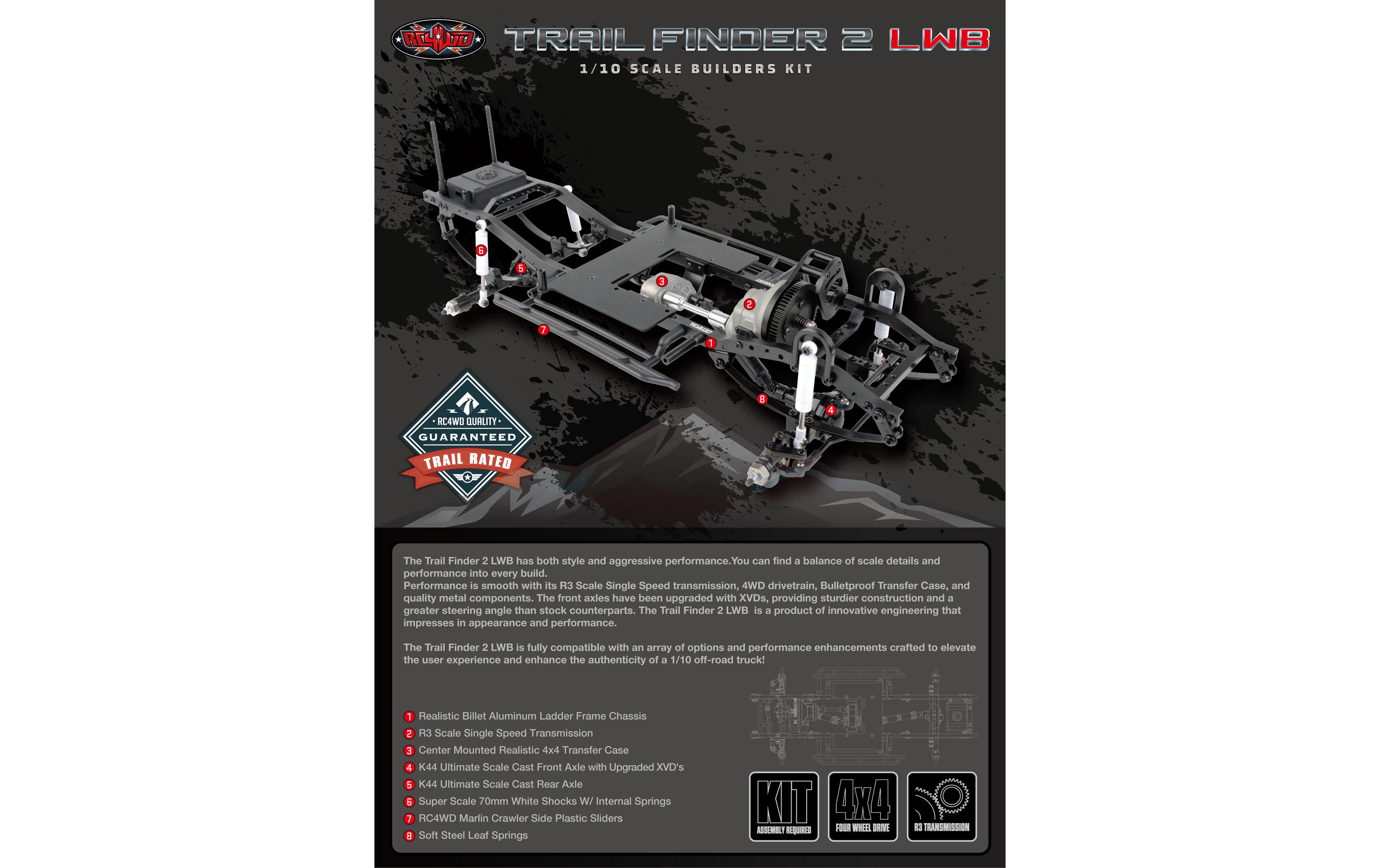 Scale Crawler Trail Finder 2 LWB Chassis Bausatz, 1:10<br>RC4WD Crawler Scale Builders Kit mit langem Radstand