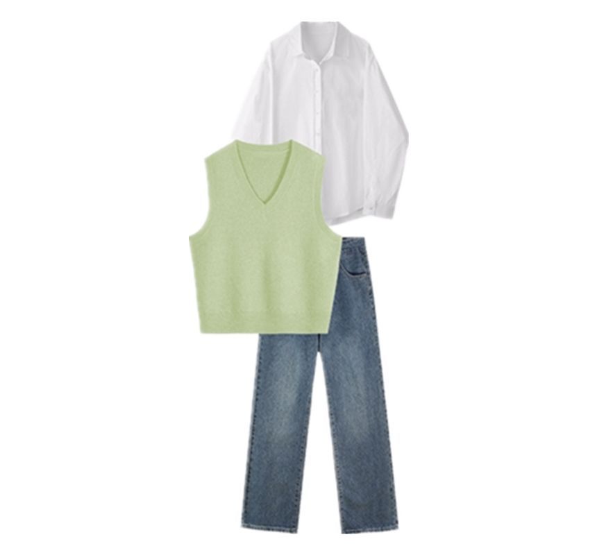 Midoray - Effen overhemd met lange mouwen / V-hals vest / Hoge taille rechte jeans / Set