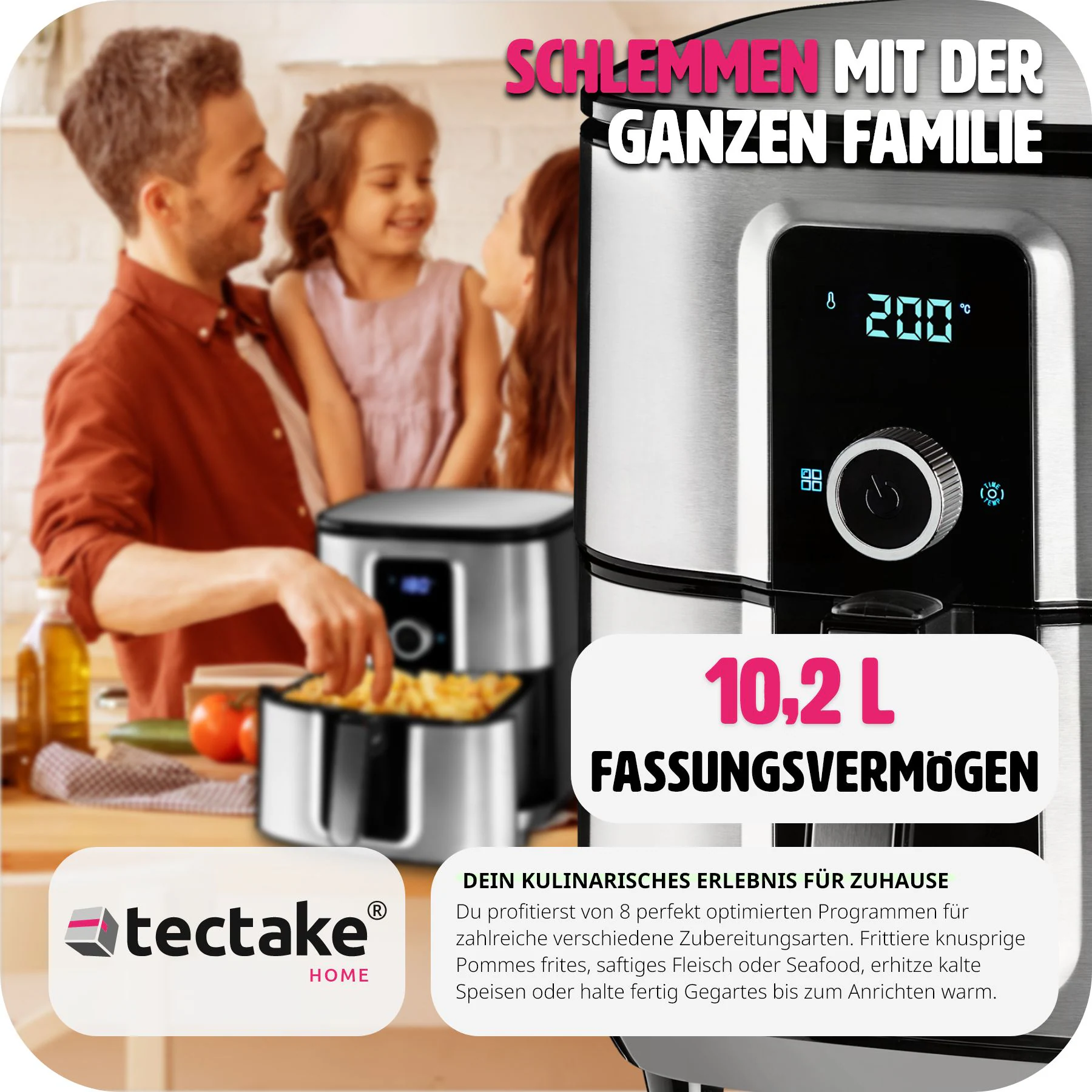 tectake® Heißluftfritteuse, 10,2 l, 1800 W, Timer und Temperatursteuerung, SGS-Zertifikat, inklusive Rezeptheft