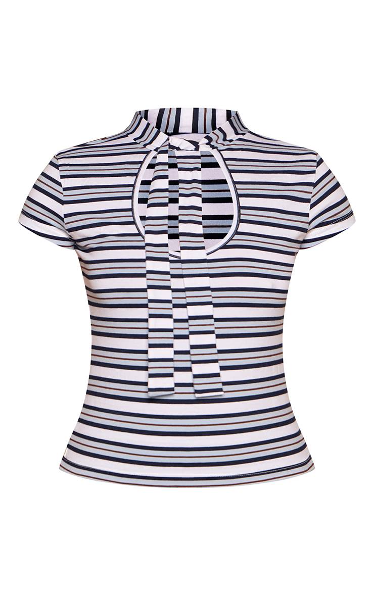 Bleu T-shirt Petite À Manches Courtes Rayé Avec Col Noué