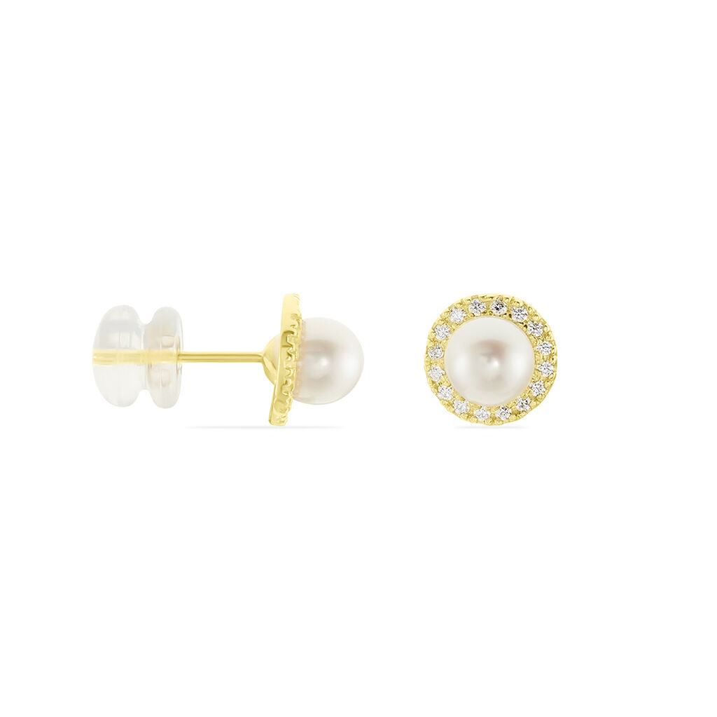 Boucles D'oreilles Puces Grizel Or Jaune Perle De Culture Et Oxyde