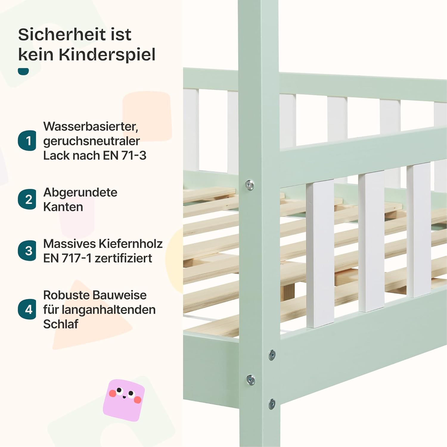 [en.casa] Kinderbett Hesel Hausbett Mintgrün 120 x 200 cm mit Rausfallschutz und Lattenrost Montessori Bodenbett Jugendbett Holzbett