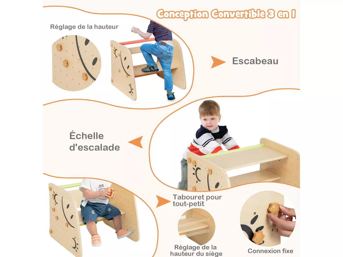 Échelle d'escalade Montessori Enfants avec Rampe Double Face & Réglable, Jouet d'escalade en Bois avec Toboggan(Non Pliable)