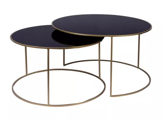 Tables basses gigognes rondes design métal doré et verre teinté noir (lot de 2) ROXO