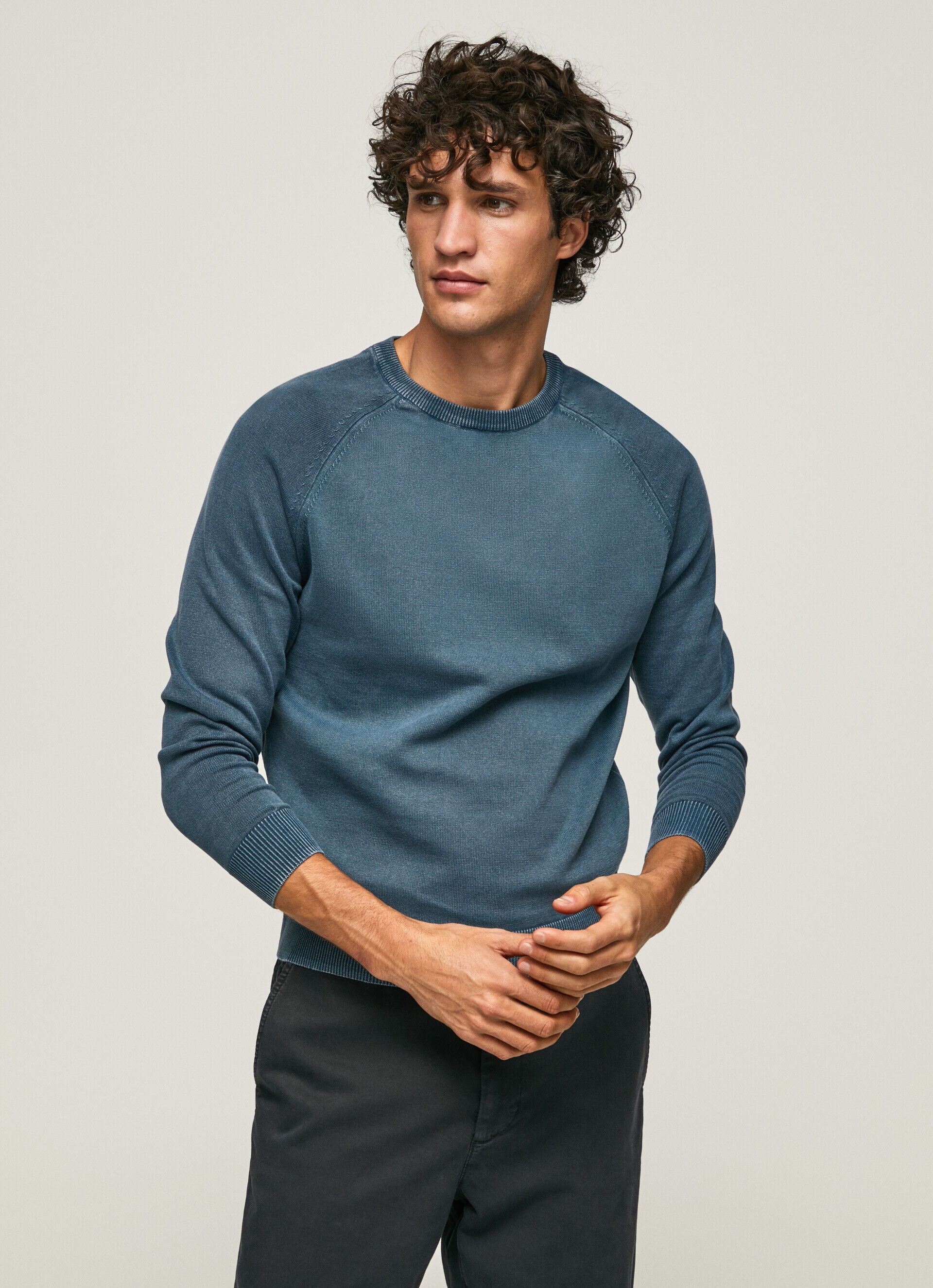 Camisa de malha de algodão com gola redonda - Azul Jarman