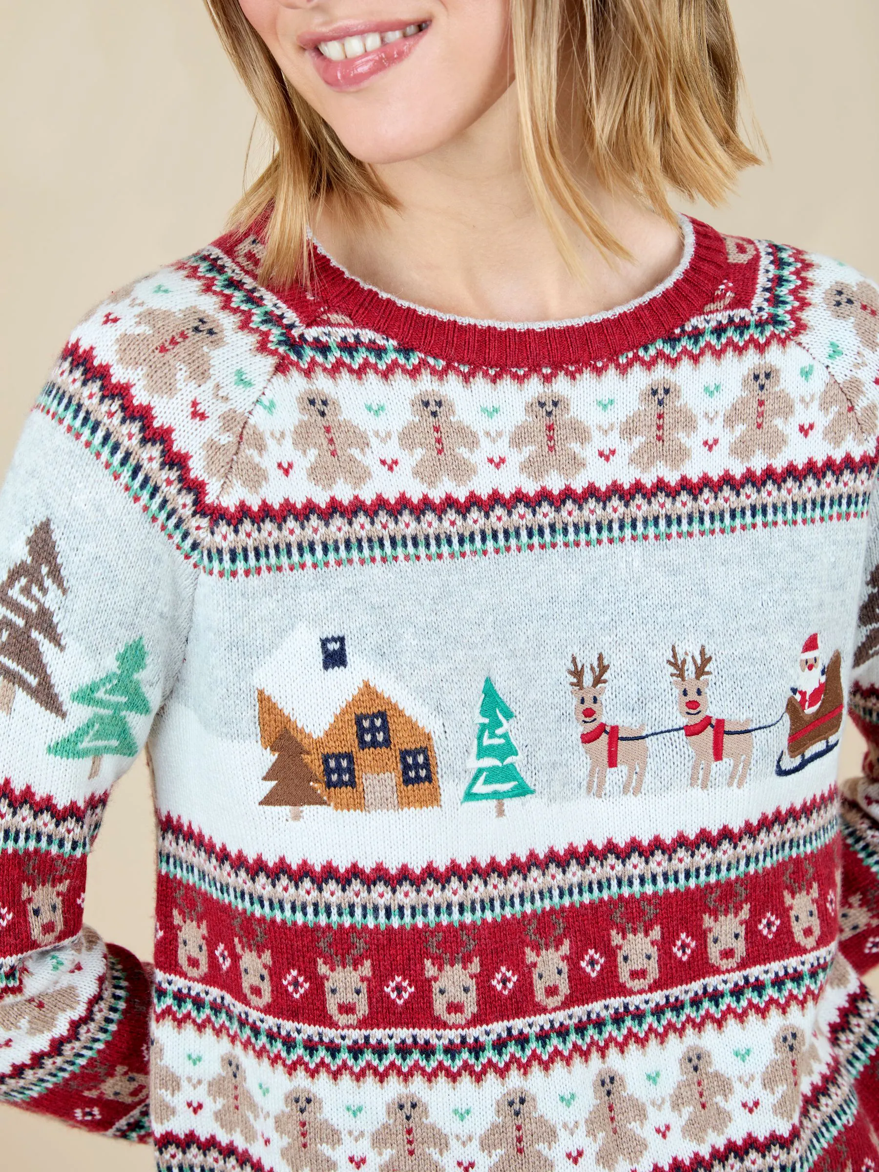 JoJo Maman Bébé Kersttrui met fair isle-motief met kersttafereel voor dames