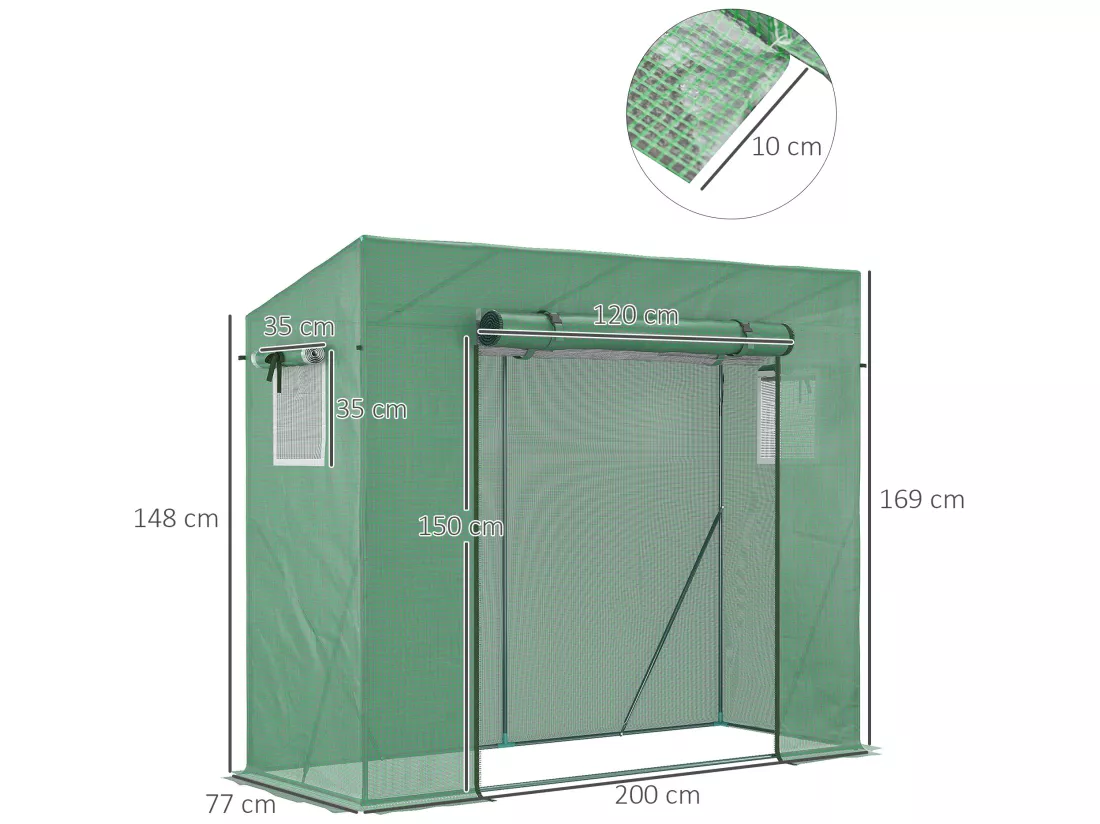 Serre de jardin balcon 1,54 m² - porte zippée enroulable, 2 fenêtres moustiquaires - acier PE haute densité anti-UV vert