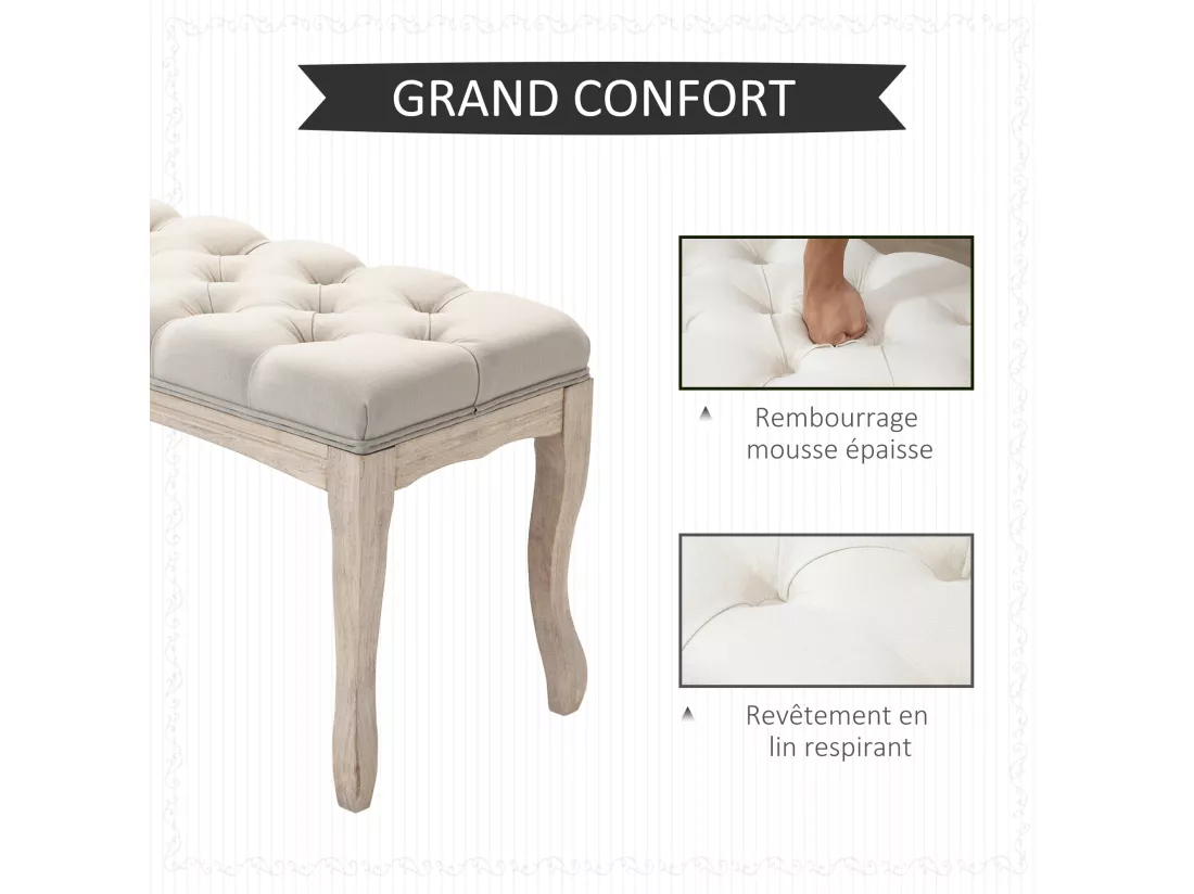 Banc banquette capitonnée style classique chic dim. 110L x 40l x 48H cm piètement bois hévéa sculpté lin beige
