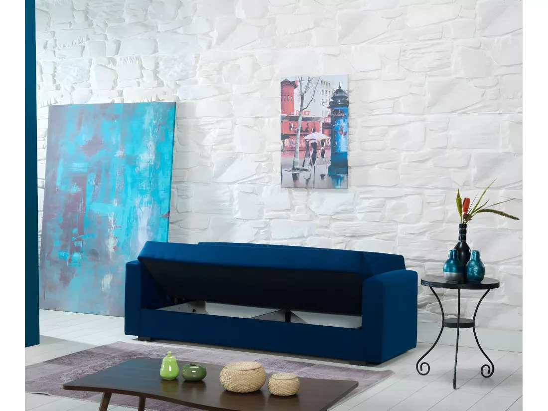 Canapé Jorge, Canapé conteneur linéaire 3 places avec 2 coussins inclus, Canapé de salon en tissu rembourré avec ouverture clic-clac, 214x81h89 cm, Bleu