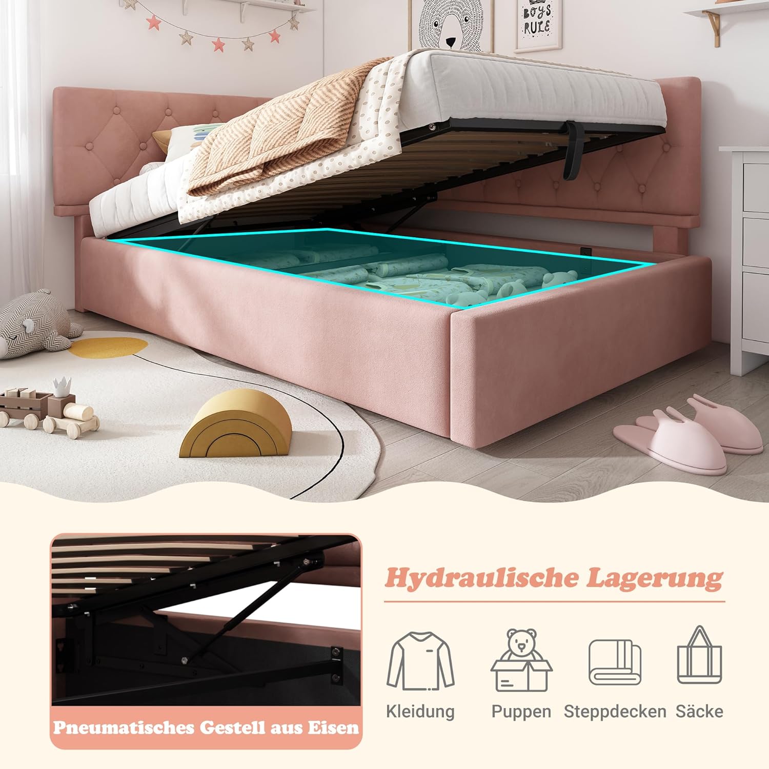 Merax Polsterbett Tagesbett Daybett 90x200cm, Schlafsofa mit hydraulischem Stauraum, Kinderbett Jugendbett Bettgestell mit Lattenrost aus Holz, Samt, Rosa, ohne Matratze