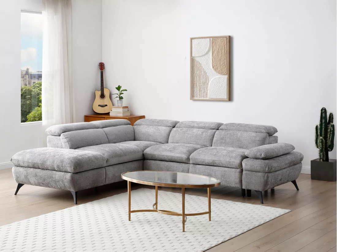 Canapé d'angle gauche convertible en tissu texturé gris SURDELI