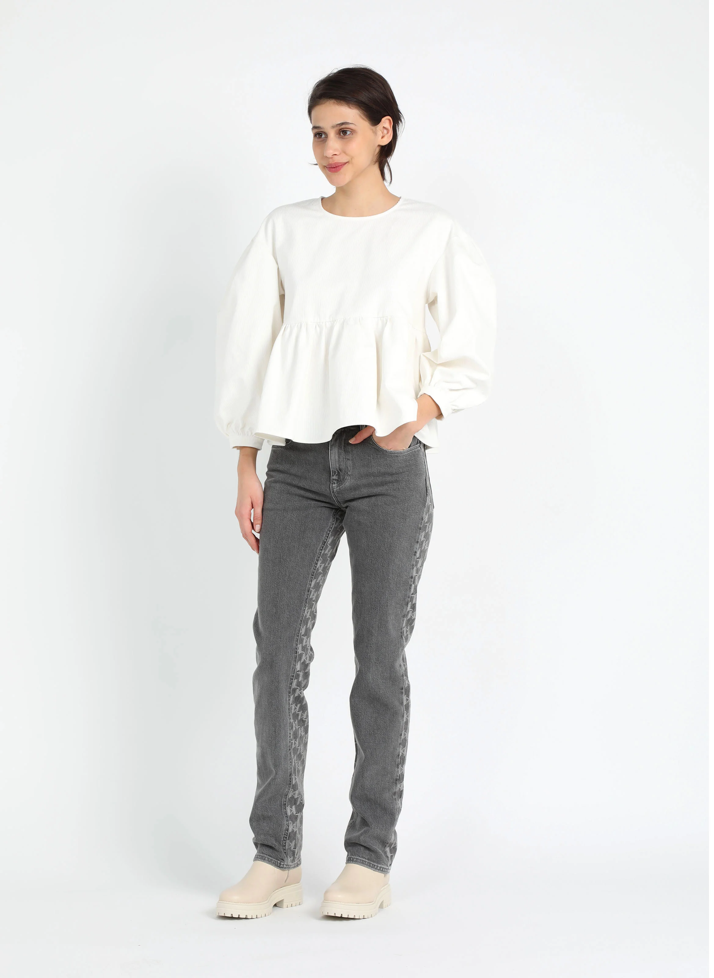Jean délavé en jacquard en coton mélangé| Gris