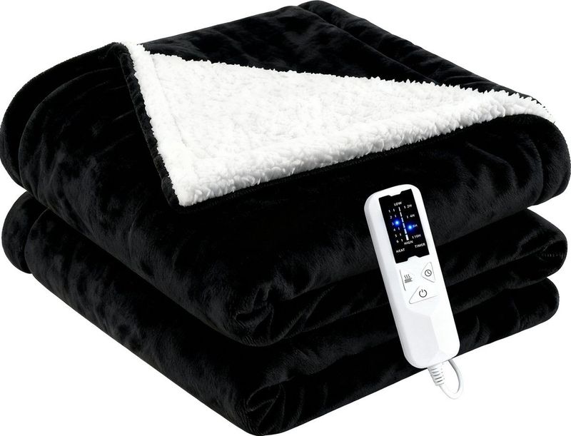 NETTLIFE Elektrische Deken - 200x180cm - 2 persoons Warmtedeken - Dubbelzijdig - Elektrische onderdeken - flanel en lamswol - zwart
