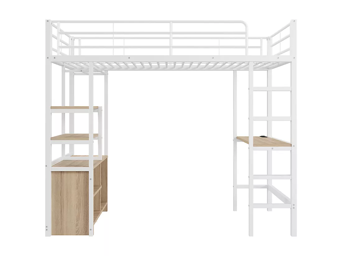 Lit mezzanine 90x200cm en métal - avec bureau + prises USB + barrières - Blanc