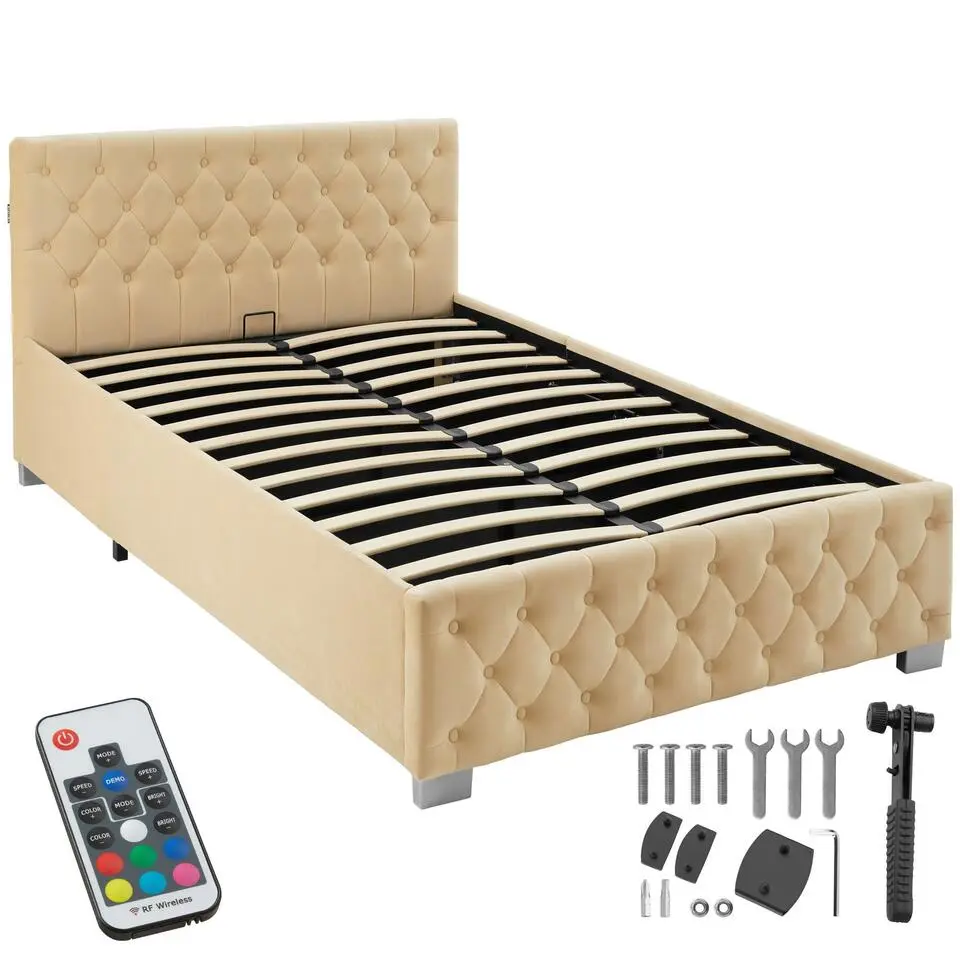 tectake Gestoffeerd bed met LED & opbergruimte, 120 x 200 cm, Beige