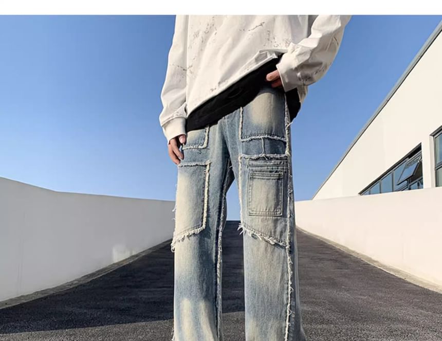 Savenne - Mid Rise Washed Distressed Wide Leg Jeans