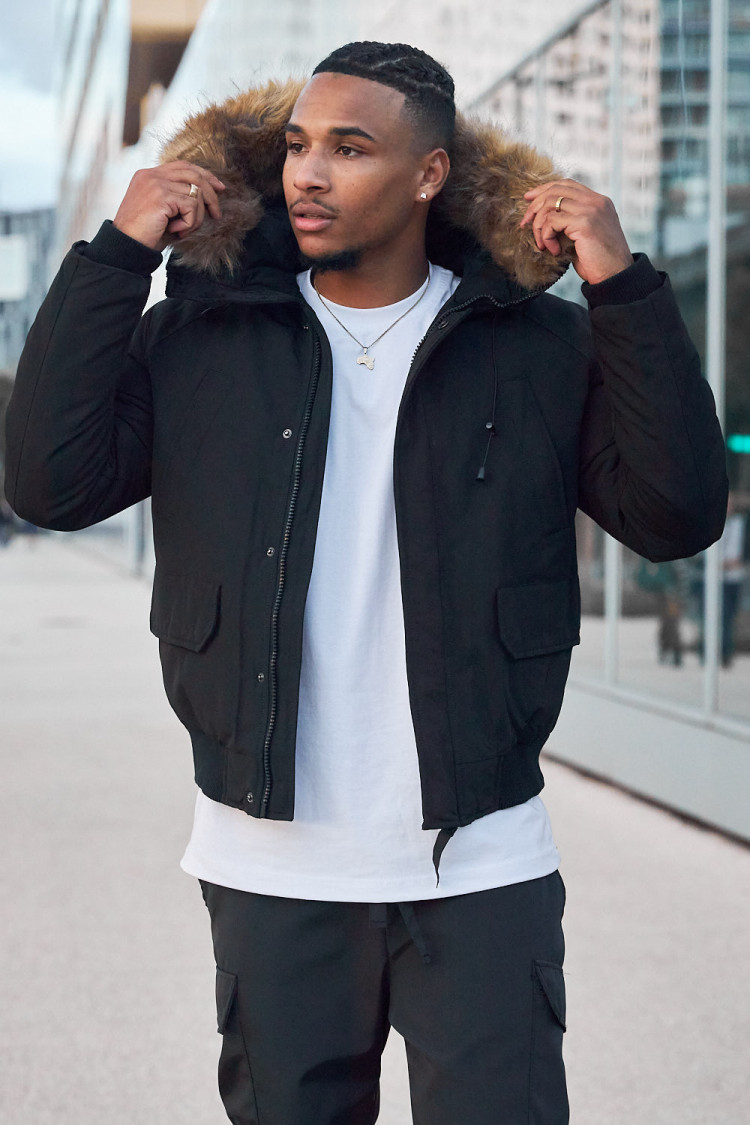 Parka bi-matière noire à capuche en fourrure