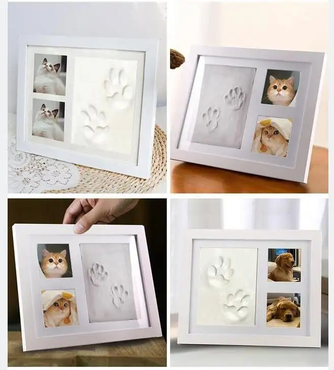 (3-tlg. Set) 3D Haustier Pfoten Abdruck Kit DIY Baby Fussabdruck Gipsabdruck Form inkl. Bilderrahmen - Weiss