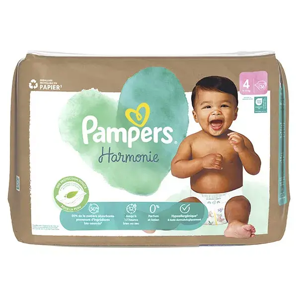 Fraldas Pampers Harmonie tamanho 4 (9-14 kg) com embalagem de papel reciclável