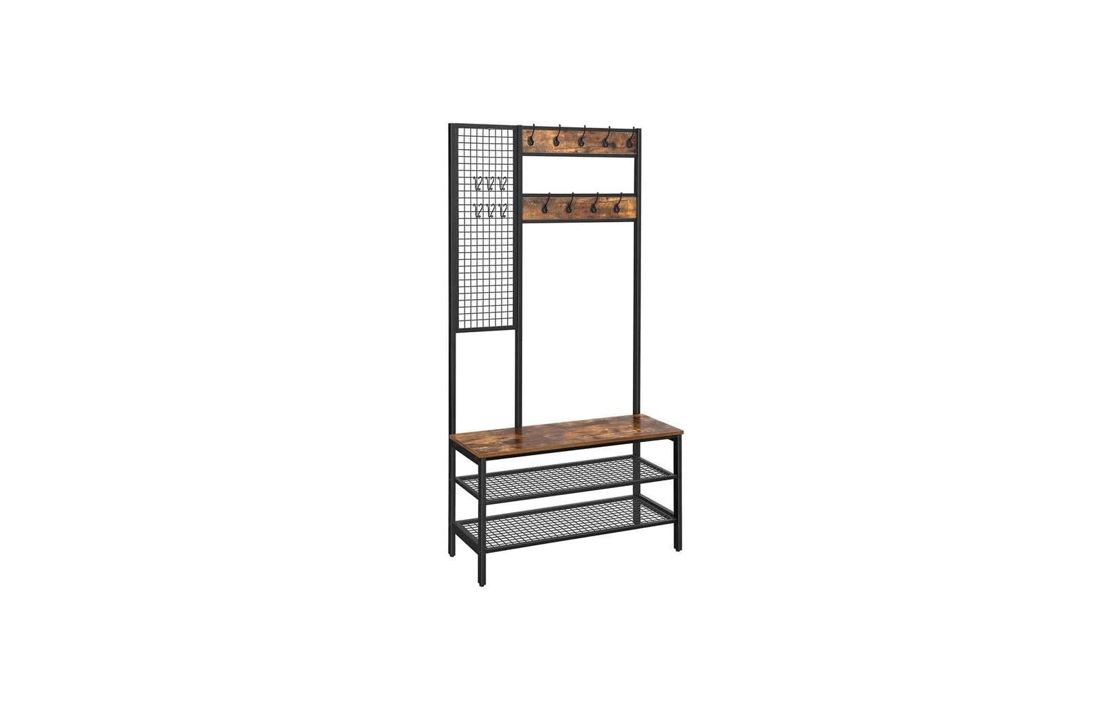 Garderobe mit Sitzbank 185 cm, Braun/Schwarz<br>Kleiderständer aus Holz